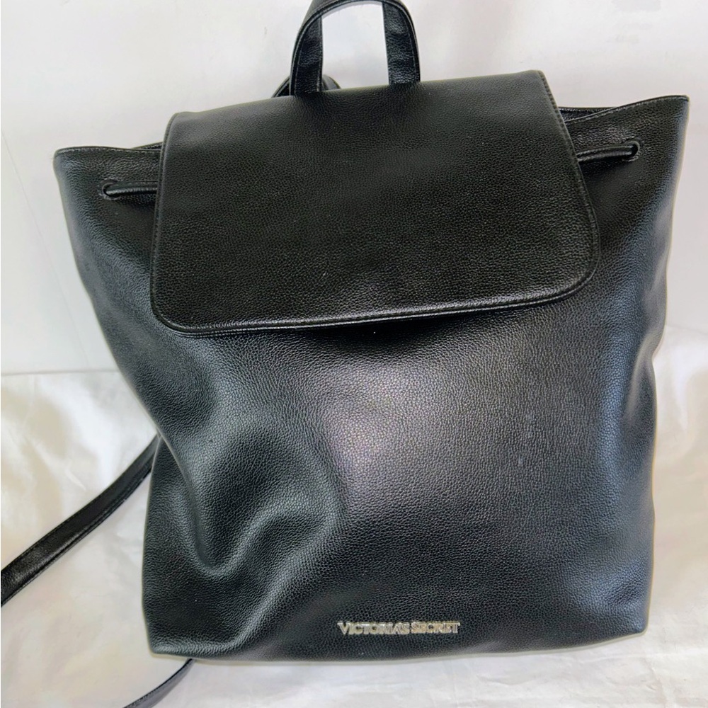 Victoria's Secret Black Faux Pebbled Leather Drawstring Backpack Purse Tote L